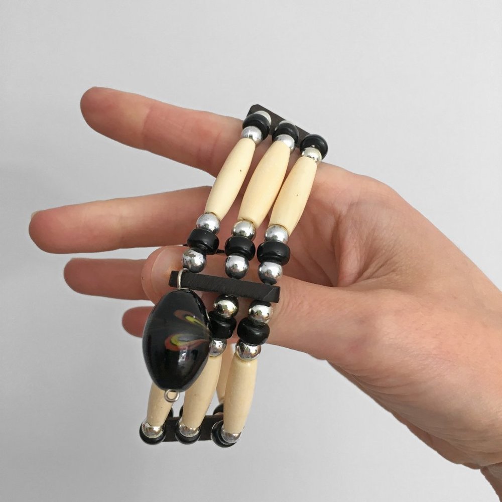 90s CHOKER Necklace, Handmade from Leather Bone Glass & Wood, Clearance